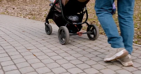 Father drives a stroller in the park Stock Footage 274092031