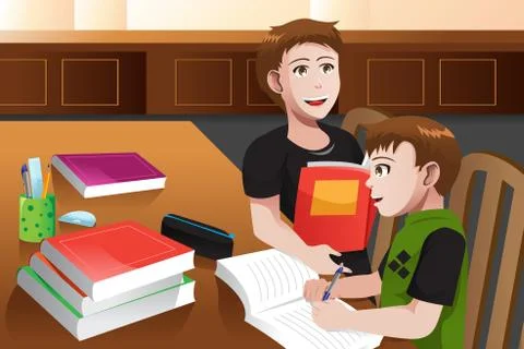 Father helping his son doing homework Stock Illustration