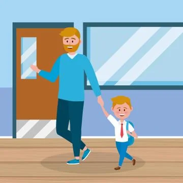 Father with his boy students with backpack in the classroom Stock Illustration