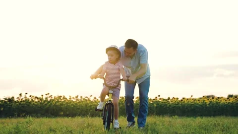 Father holds bicycle while little daughter learns ride vehicle in rural meadow Stock Footage 256404731