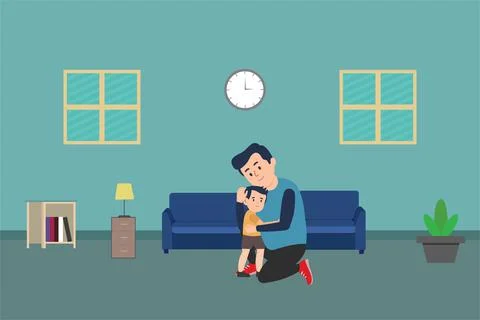 Father hugging his son inside a house vector. Flat character illustration wit Stock Illustration