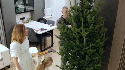 Father installing christmas tree while mother and daughter looking at him in a Stock Photos