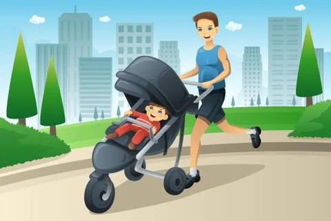Father jogging while pushing a stroller Stock Illustration