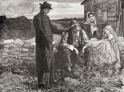 Father Mathew Comforts A Famine Stricken Poor Family In Ireland In 1845. Theobal Stock Photos