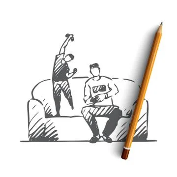 Father, play, son, computer, game concept. Hand drawn isolated vector. Stock Illustration