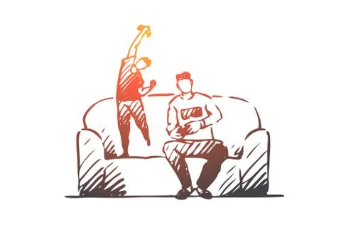 Father, play, son, computer, game concept. Hand drawn isolated vector. 스톡 일러스트
