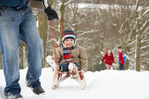 Father pulling children on sledge through winter landscape Stock Photos