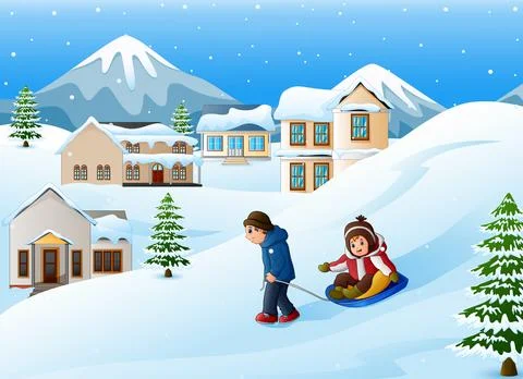 Father pulling his son riding on a sled Stock Illustration