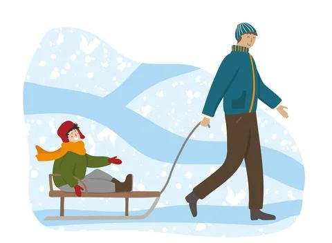 Father pulling sledge with kid. Happy man and smiling child on sled enjoying Stock Illustration