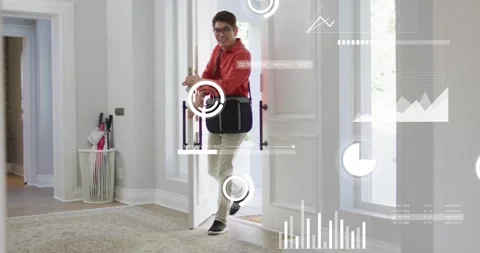 Father pushing front door, entering and greeting, son running and hugging father Video stock 318688712