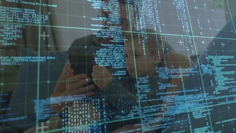 Father raising tablet, tapping, son leaning in, learning tech with blue code Stock Footage 331227624