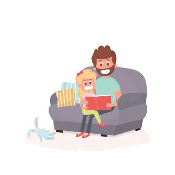 Father read a storybook to his daughter on a couch. Dad with kid on a couch.. Stock Illustration