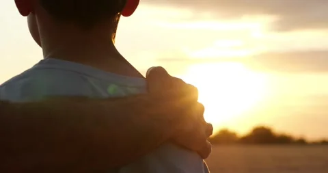 Father rests hand on son's shoulder as they watch sunset over field. Child and Stock Footage 346753074