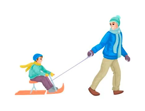 Father is sledding kid on sleigh. Vector illustration Stock Illustration