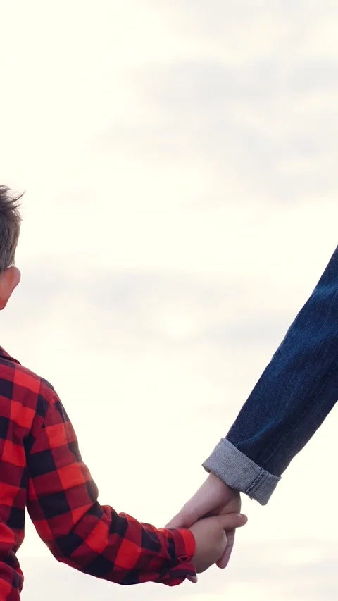 Father son child kid small play hand sunset, happy family, hand touch game dad Stock Footage 282678696