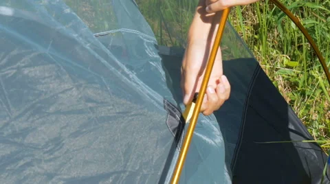 Father with son together are setting a tourist tent Video stock 66303164