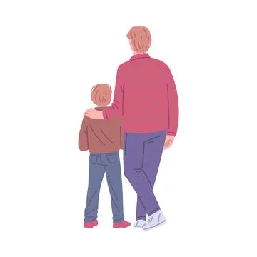 Father with son, view from behind, flat vector illustration isolated on white Stock Illustration