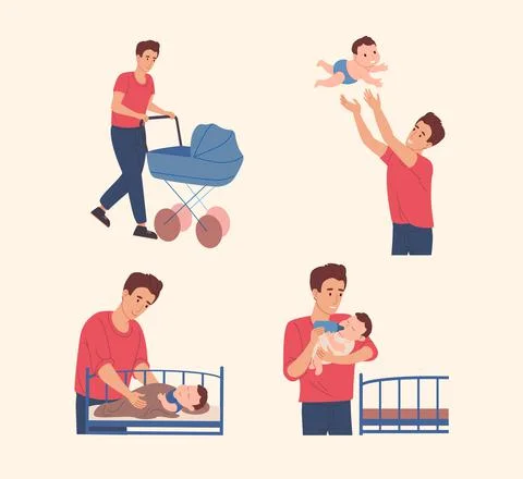 Father spends time with his son. Vector illustration in a flat style. Dad takes Stock Illustration