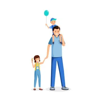 Father standing with kids flat vector illustration. Babysitter, young parent Stock Illustration