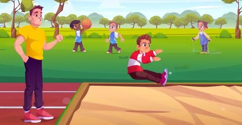 Father supporting son doing long jump Stock Illustration