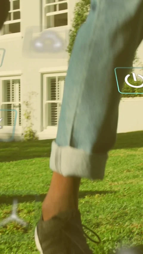 Father tapping soccer ball, practicing footwork, son following, UI icons Stock Footage 334550384