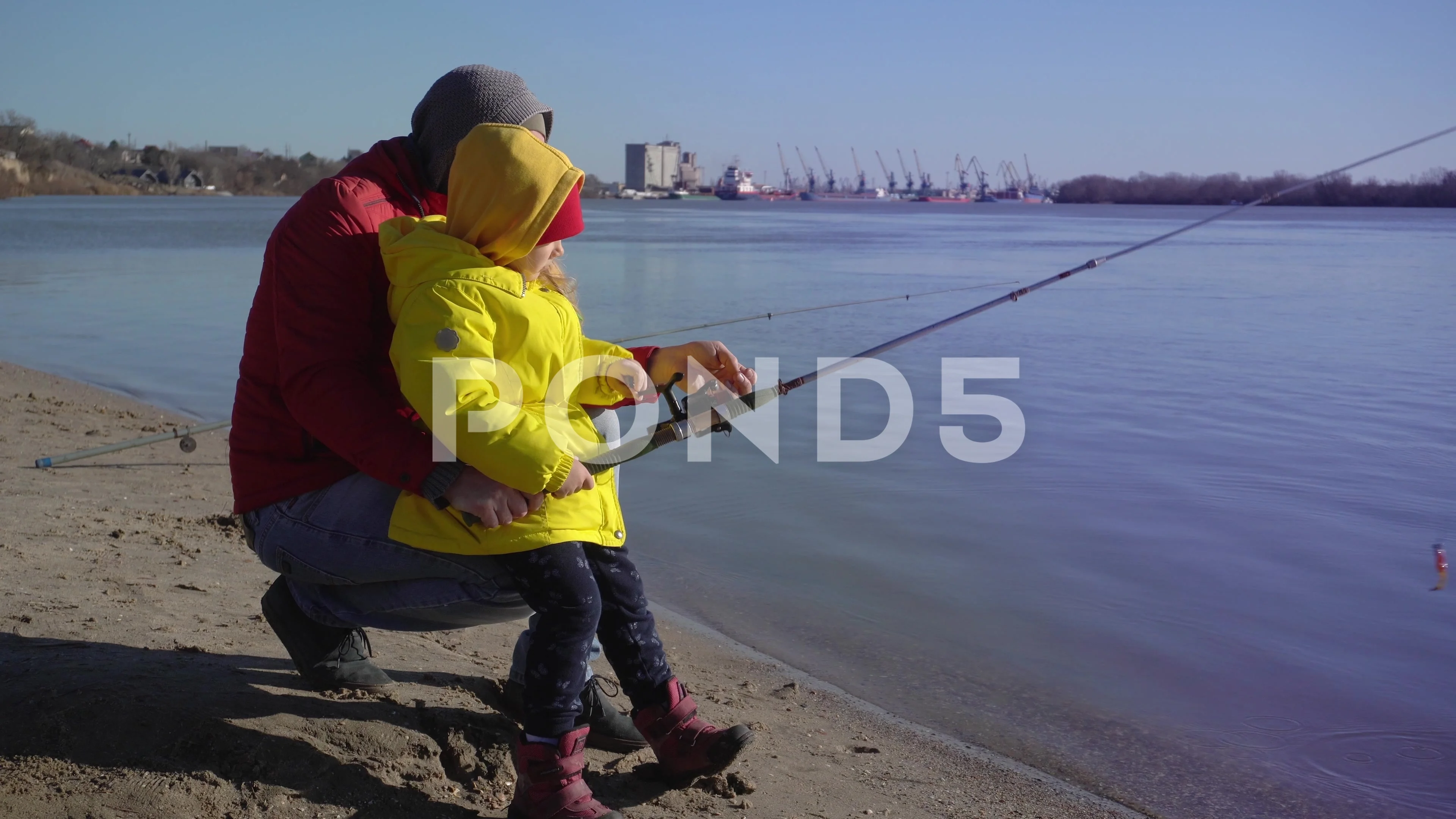 Father teaches daughter to fish. Dad and, Stock Video