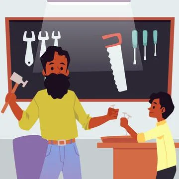 Father teaching his son to do woodwork and carpentry, flat vector illustratio Stock Illustration