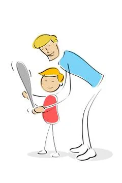 Father teaching son how to play baseball Stock Illustration