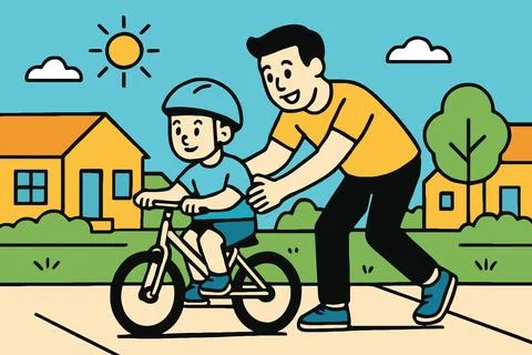 Father teaching son to ride a bicycle in a suburban neighborhood Stock Illustration