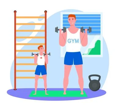 Father time with son vector illustration, cartoon flat dad doing with boy sport Stock Illustration
