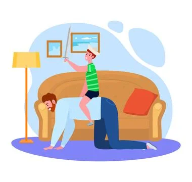 Father time with son vector illustration, cartoon flat dad character playing fun Stock Illustration
