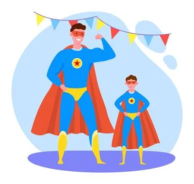 Father time with son vector illustration, cartoon flat strong dad and kid boy Stock Illustration