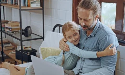 Father using laptop computer with young daughter. Happy family, Father feel.. Stock Photos