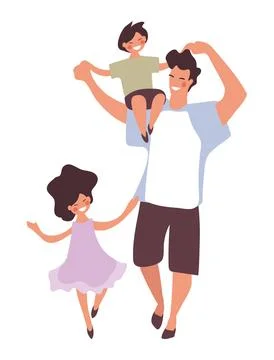 Father walking and dancing with son and daughter, happy family, father's day  Stock Illustration