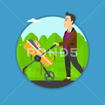 Father walking with his baby in stroller. Stock Illustration