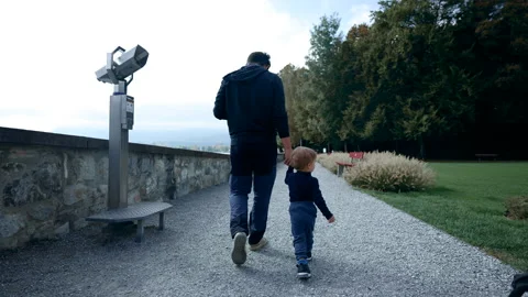 Father walks with son on observation deck holding hands Stock Footage 228917607