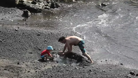 Father with a young son playing on the beach. Stock Footage 107697222