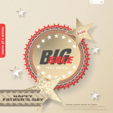Father's Day BigSALE vector poster with round label, stripe and stars paper.. Stock Illustration