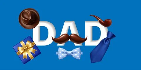 Fathers Day celebration composition with gift box, hat, pipe, tie, bow tie and Stock Illustration