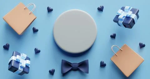 Father's Day. Empty white circle gift boxes, shopping bags, bow tie. Illustrazione stock