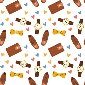 Father's day gift pattern with watches, wallets, and shoes for greeting card Stock Illustration