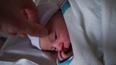 Father's hand gently stroking newborn daughter's head in hospital nursery Stock Footage 83057524