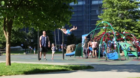Fathers pushing daughers on swings Stock Footage 51772657