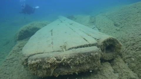 Fathom Five Marine Park, James C King shipwreck, diver near the rudder Stock Footage 311949339