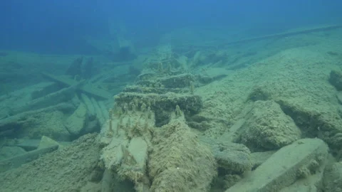 Fathom Five Marine Park, James C King shipwreck, boards scattered on the deck Stock Footage 311949542