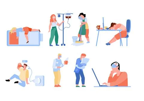 Fatigue overwork people at work isolated set Stock Illustration