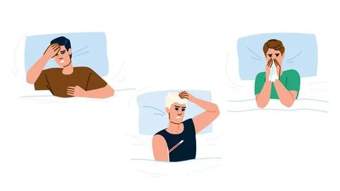 Fatigue sick man bed vector Stock Illustration