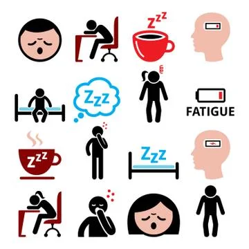 Fatigue vector icons set, tired, sressed or sleepy man and woman design Stock Illustration