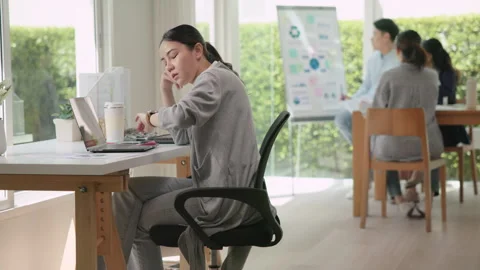 Fatigue worker work hard at office hybrid workplace burnout pensive ponder .. 스톡 동영상 317067132