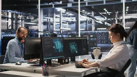 Fatigued data center engineer stretching, monitoring server clusters Stock Photos
